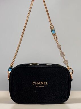 CHANEL Beauté Black Glitter     Cosmetic Bag w/Gold Chain Strap + Camila detail